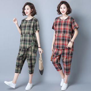 Set: Plaid Short-sleeve Top + Crop Harem Pants