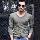 Embroidered Long-sleeve V-neck T-shirt