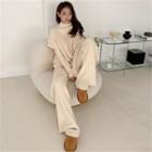 Set: Round-neck Knit Top + Band-waist Ribbed Pants