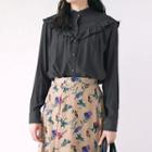 Long-sleeve Ruffle Trim Plain Blouse Dark Gray - One Size