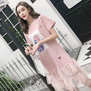 Mesh Hem Printed Short-sleeve T-shirt Dress