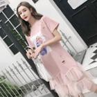 Mesh Hem Printed Short-sleeve T-shirt Dress
