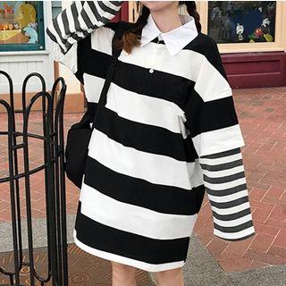 Mock Two-piece Long-sleeve Striped Polo Shirt