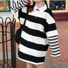 Mock Two-piece Long-sleeve Striped Polo Shirt