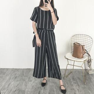 Set: Short-sleeve Striped Top + Striped Drawstring-waist Wide-leg Pants Top - Stripe - Black - M / Pants - Black - M