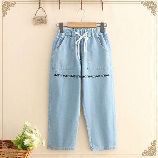 Cat Printed Drawstring Long Jeans