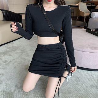 Long-sleeve Striped Cropped Top / High-waist Drawstring Skirt