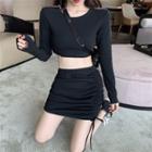 Long-sleeve Striped Cropped Top / High-waist Drawstring Skirt
