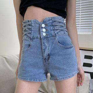 High-waist Cross Detail Denim Shorts