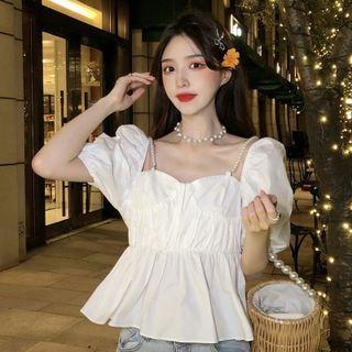 Puff-sleeve Faux Pearl Strap Blouse White - One Size