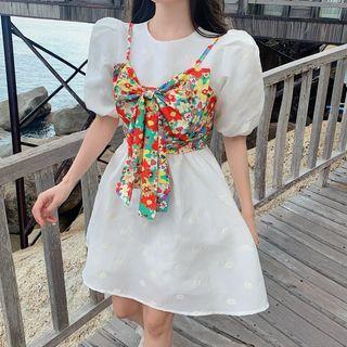 Puff-sleeve Mini A-line Dress / Floral Print Camisole Top