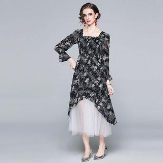 Long-sleeve Floral Print Mesh Dress