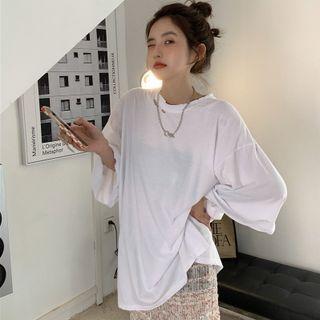 3/4-sleeve Distressed T-shirt / Plaid Midi Pencil Skirt