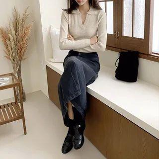Band-waist Denim Long Skirt