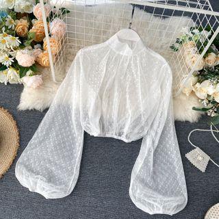 Balloon-sleeve Cropped Mesh Blouse White - One Size