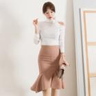 Shoulder Cut Out Long-sleeve Top / Ruffle Fitted Skirt