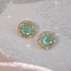 Embellished Ear Stud 1 Pair - Silver Stud - Gold & Green - One Size