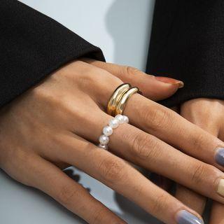 Set: Faux Pearl Ring + Layered Alloy Ring 2524 - Gold - One Size