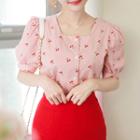 Square-neck Puff-sleeve Cherry-pattern Blouse