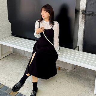 Set: Lace Blouse + Front-slit Midi Overall Dress