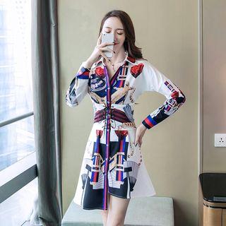 Long-sleeve Asymmetric Hem Mini Print Shirt Dress