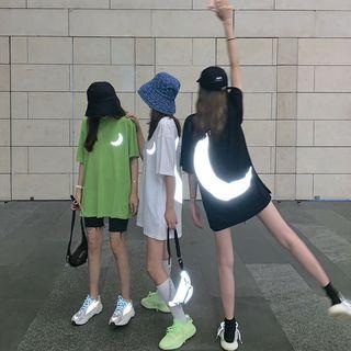 Elbow-sleeve Reflective Moon Print T-shirt