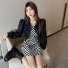 Drawstring Crop Shirt / Spaghetti Strap Checkered Mini Sheath Dress