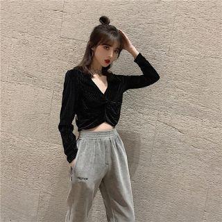 Plain Velvet Cropped Shirt / High-waist Embroider Letter Straight-cut Pants