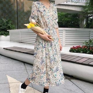 Printed V-neck A-line Midi Dress