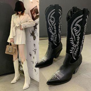 Fabric Pointed Block Heel Tall Boots