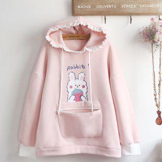 Rabbit Print Frill Trim Hoodie Pink - One Size