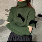 Set: Short-sleeve Bow Turtleneck Sweater + Arm Sleeve