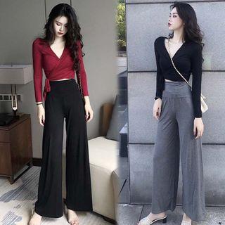 V-neck Long-sleeve Crop Top / High Waist Wide-leg Pants