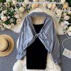 Set Of 2 : Big-pocket Open-back Shirt + Spaghetti-strap Dress Black - One Size