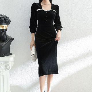 Square-neck Lace Trim Midi Sheath Dress