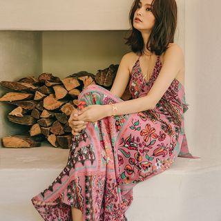 Floral Print Open-back Maxi Halter Dress