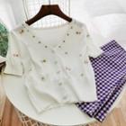 Floral Embroidered Short-sleeve Cropped Knit Cardigan White - One Size