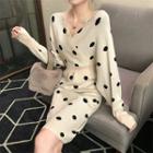 Long-sleeve Dotted V-neck Knit Dress Off-white - One Size