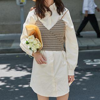 Set: Spaghetti Strap Plaid Top + Mini Shirtdress Top - Coffee - One Size / Shirtdress - Off-white - One Size