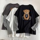 Striped Panel Bear Embroidered T-shirt