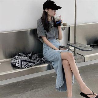Slit Denim Midi Pencil Skirt / Elbow-sleeve T-shirt