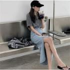 Slit Denim Midi Pencil Skirt / Elbow-sleeve T-shirt