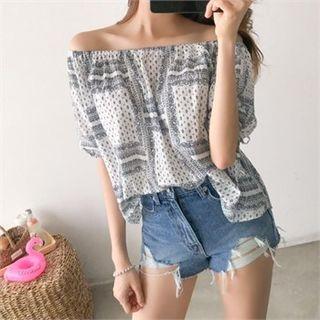Off-shoulder Puff-sleeve Paisley Top