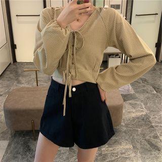 Long-sleeve Tie Neck Plaid Cropped Blouse Khaki - One Size