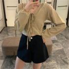 Long-sleeve Tie Neck Plaid Cropped Blouse Khaki - One Size