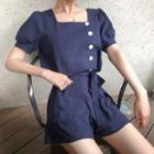 Contrast-button Puff-sleeve Blouse & Shorts Set Navy Blue - One Size