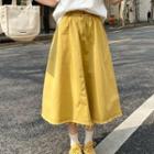 Contrast Stitching Fray-hem Midi A-line Skirt