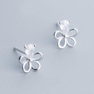 925 Sterling Silver Rhinestone Flower Earring 1 Pair - S925 Sterling Silver - Silver - One Size