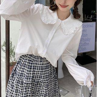 Peter Pan Collar Long-sleeve Shirt / High-waist Plaid A-line Semi Skirt