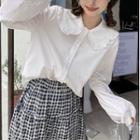 Peter Pan Collar Long-sleeve Shirt / High-waist Plaid A-line Semi Skirt
